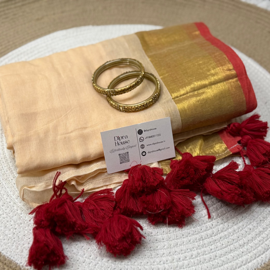 Cream Mul Cotton Saree With Golden Zari and Red Border