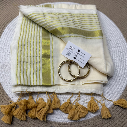 Cream Mul cotton Saree With Golden Stripe Zari