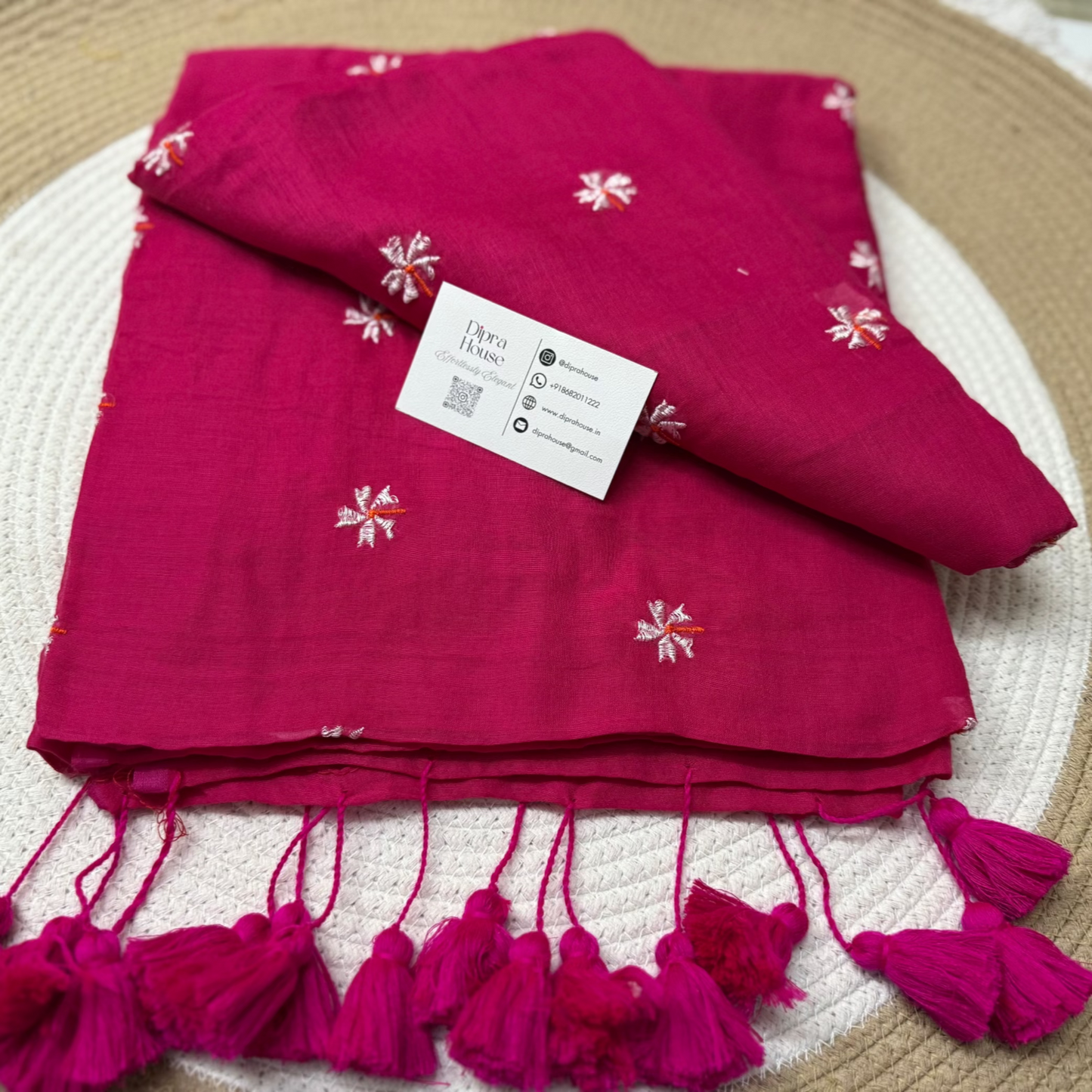 Pink Floral Embroidery Mulmul Saree