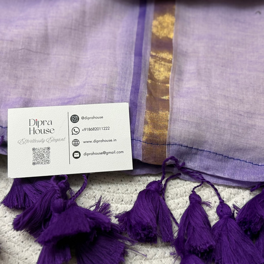 Cream and Purple Mul Cotton Saree With Golden Zari