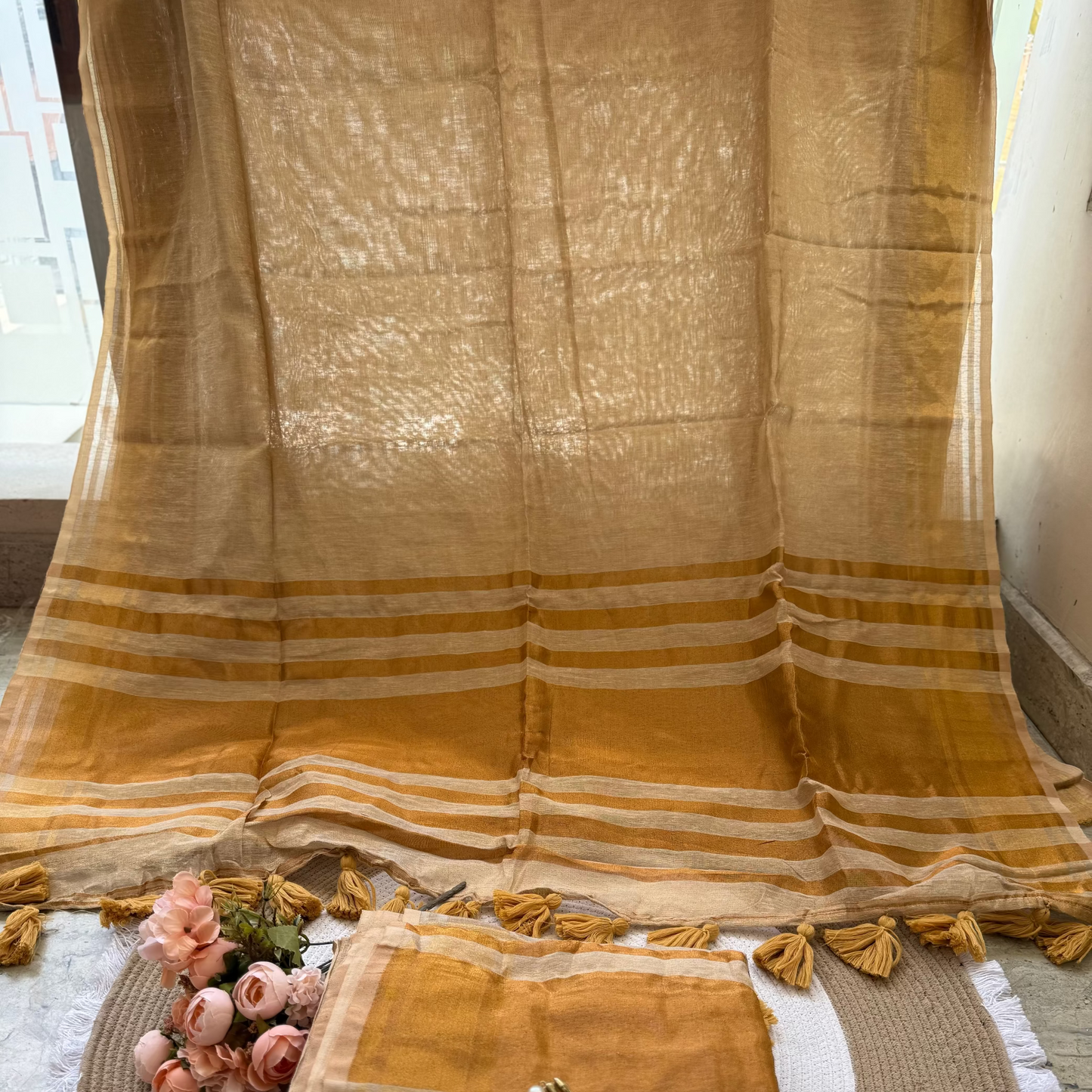 Golden tissue linen saree
