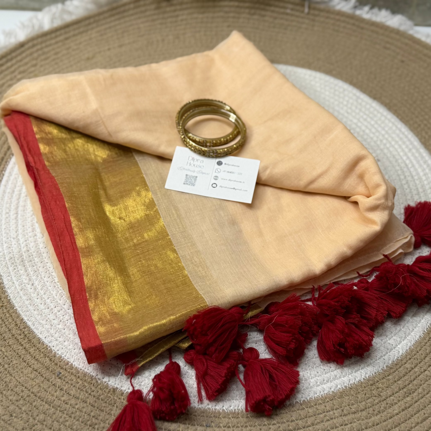 Cream Mul Cotton Saree With Golden Zari and Red Border