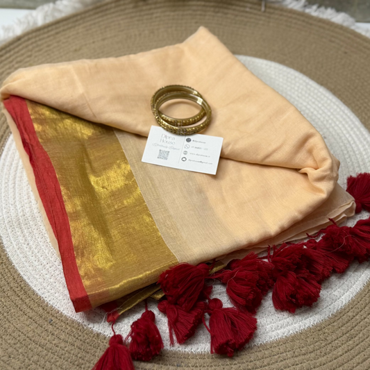 Cream Mul Cotton Saree With Golden Zari and Red Border