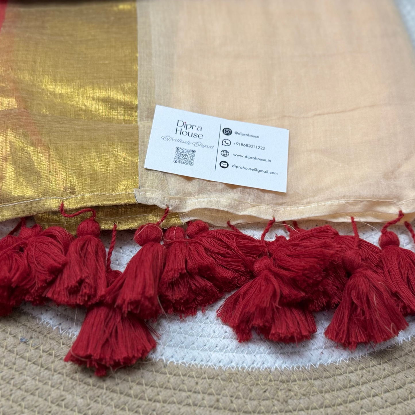 Cream Mul Cotton Saree With Golden Zari and Red Border