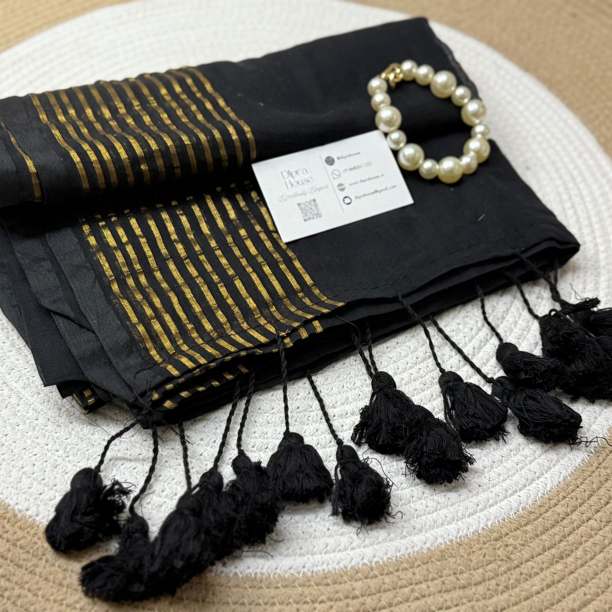 Black Mul cotton Saree with Golden Stripe Zari