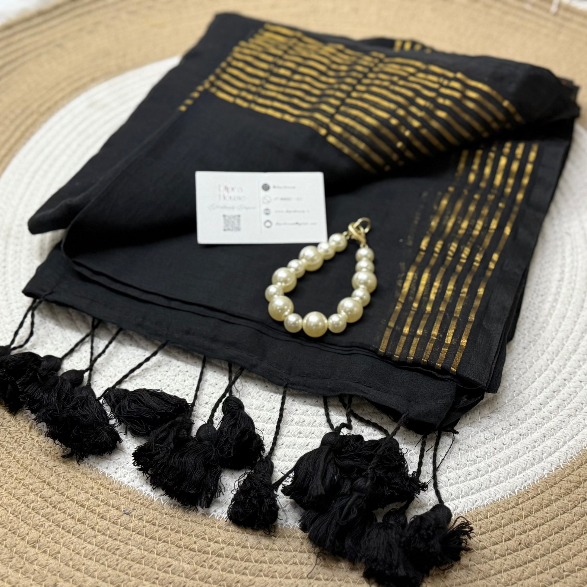 Black Mul cotton Saree with Golden Stripe Zari