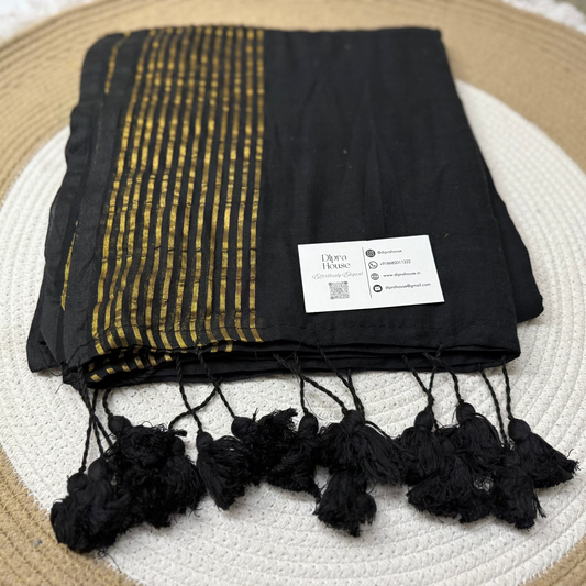 Black Mul cotton Saree with Golden Stripe Zari
