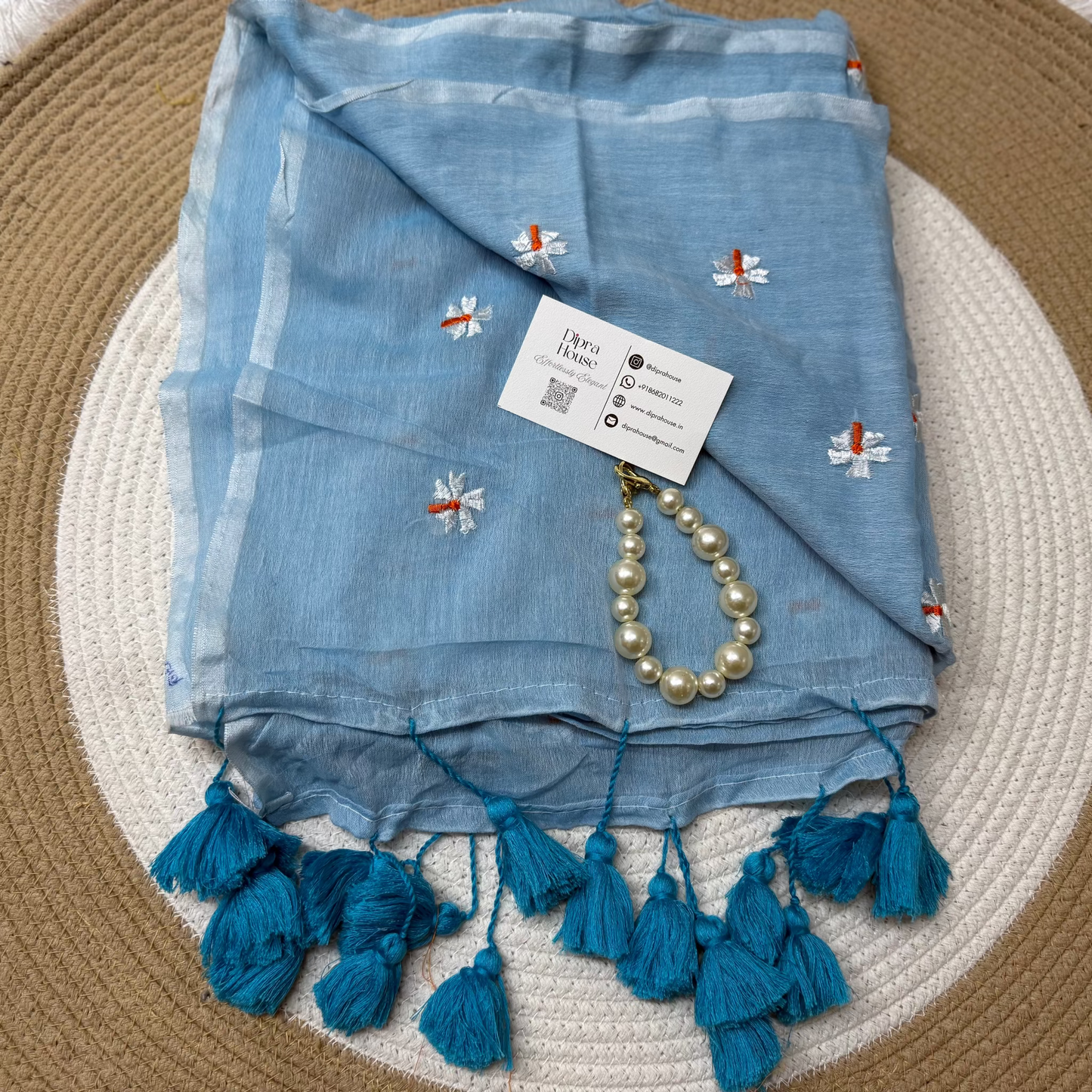 Blue floral embroidery mulmul saree