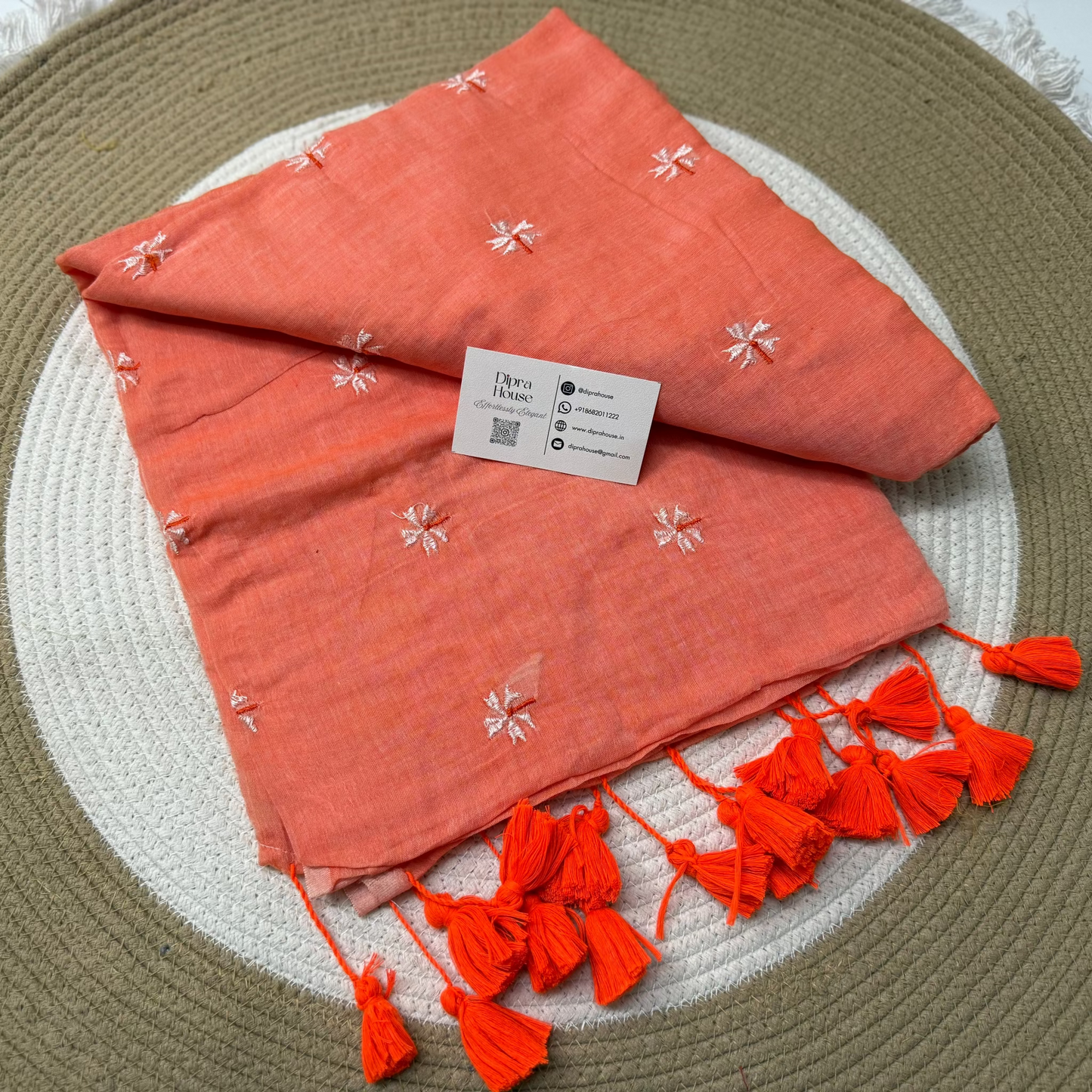 Coral floral embroidery mulmul saree
