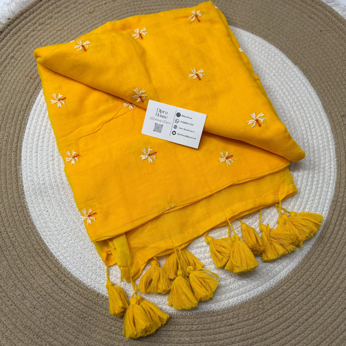 Yellow floral embroidery mulmul saree