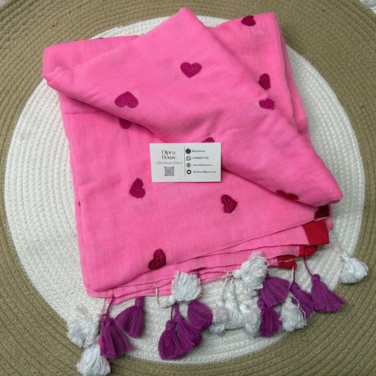 Heart Embroidery Mul Cotton Saree
