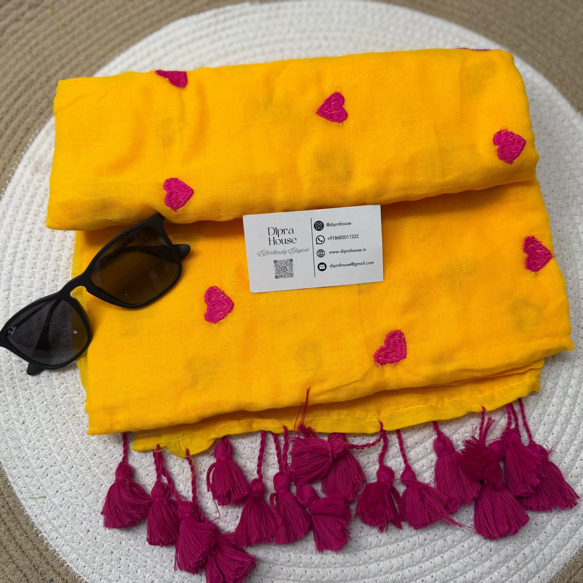 Yellow Heart Embroidery Mul Cotton Saree