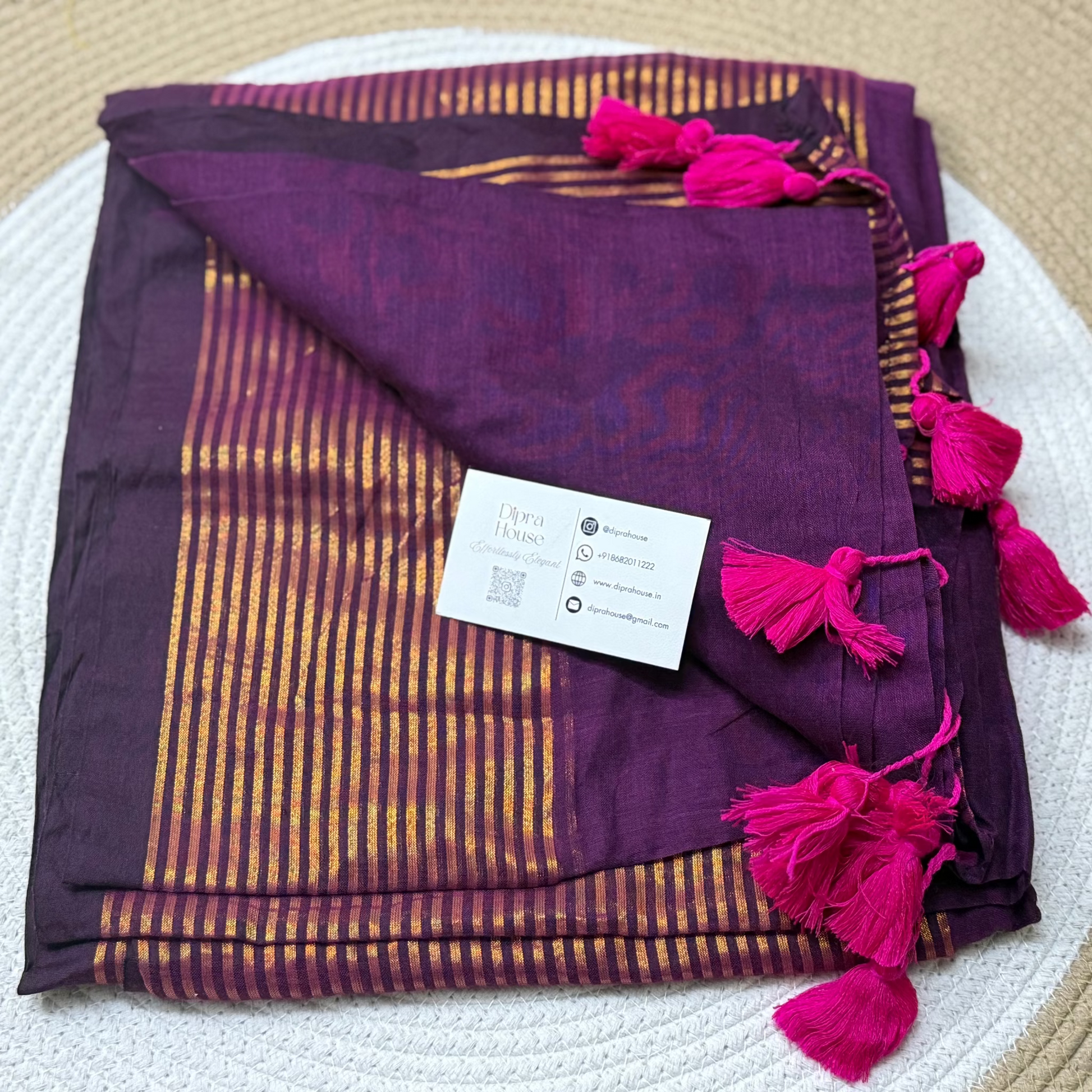 wine colour mulmul saree with golden stripes