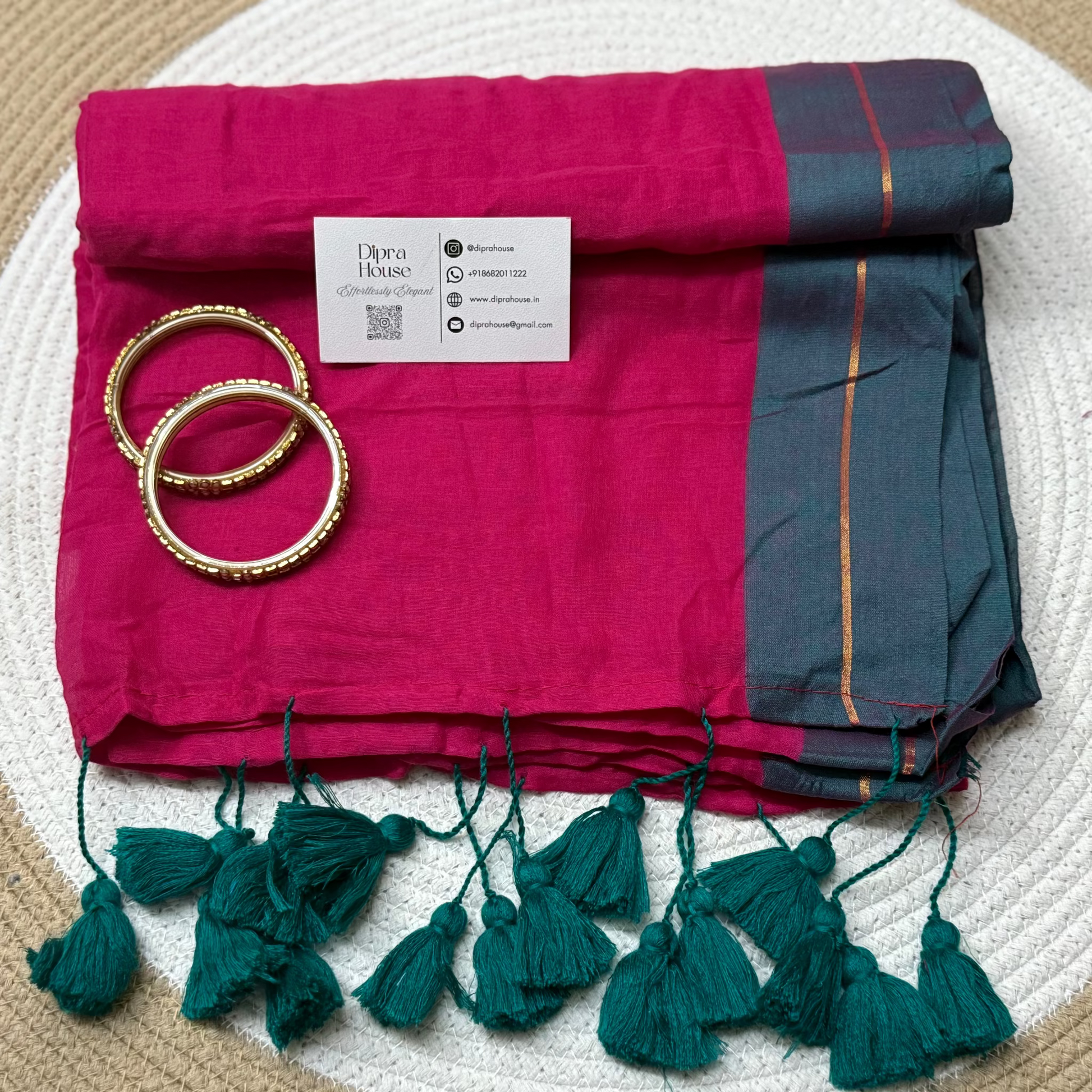 Golden Line Red colour Mul Cotton Saree with green border and tassels