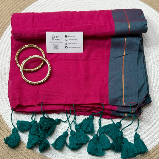 Golden Line Red colour Mul Cotton Saree with green border and tassels