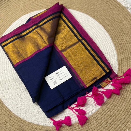 Navy Blue Zari Mul Cotton Saree