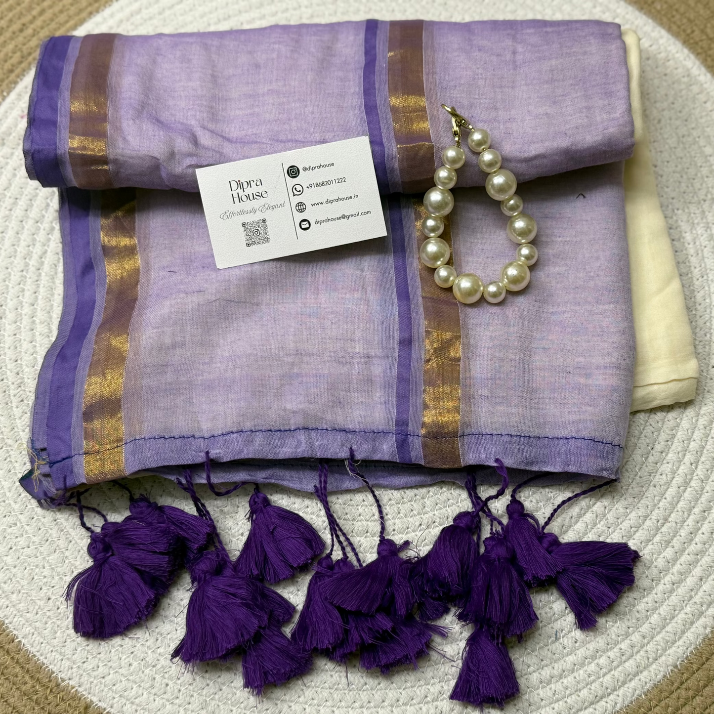 Cream and Purple Mul Cotton Saree With Golden Zari