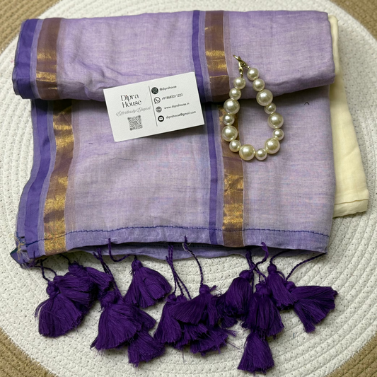 Cream and Purple Mul Cotton Saree With Golden Zari