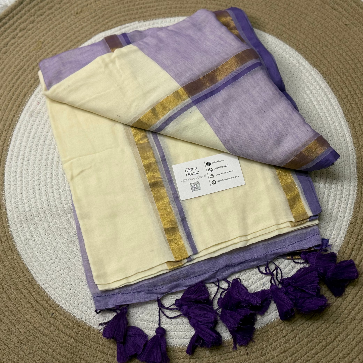 Cream and Purple Mul Cotton Saree With Golden Zari